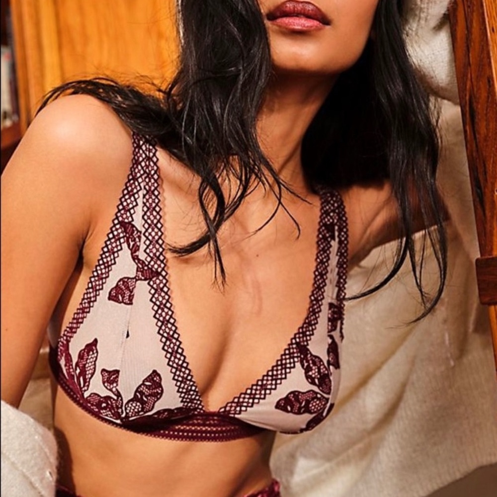 Free People Alia Lace Bralette Bra Lingerie Maroon Beige M FP Intimates Bordeaux